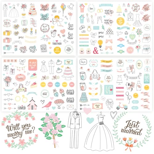 UEHENUE Wedding Stickers for Scrapbooking 4 Sheets 206 PCS Watercolor Wedding Scrapbook Stickers for Planners Romantic Scrapbooking Journal Anniversary Bridal Supplies Self-Adhesive Waterproof