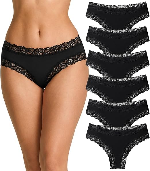 Unterhosen Damen Baumwolle Sexy Spitze Brazilian Slip Hipster Pantys 6 Pack | 95% Baumwolle, Spitze, leicht & atmungsaktiv, feuchtigkeitsabführend, nahezu unmerklich am Körper, rundum sanft anliegend