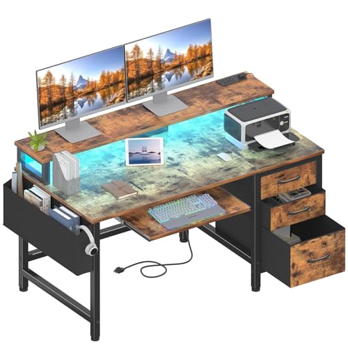 Image of Lufeiya Gaming Desk with LED Lights and Power Outlets, 47 Inch Home Office Desks with Keyboard Tray, Computer Desk with File Drawers Cabinet, Writing Table PC Desks with Monitor Stand, Rustic Brown