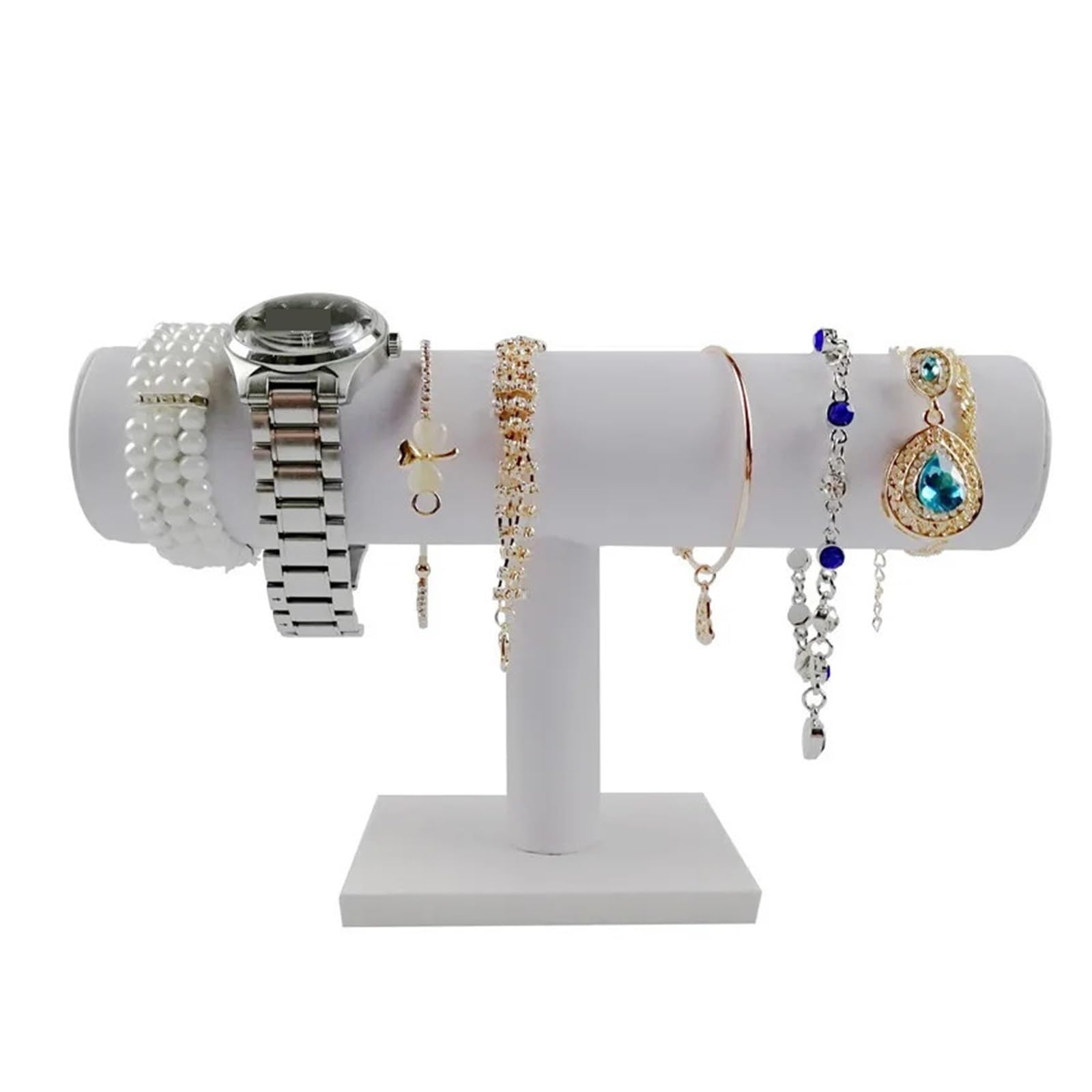XPJYUA Watch Stand Watch T-Bar Rack Jewelry Hard Display Stand Holder Bracelet Chain Organizer(White PU Leatherette)