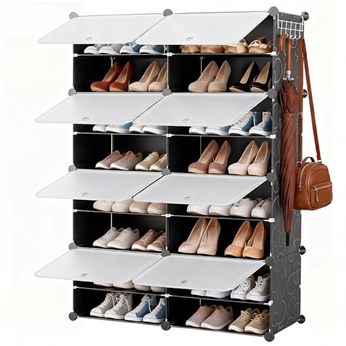 Image of DUMOS 8-Tier Shoe Storage Cabinet with Door, Stackable, 32 Pairs, Black | Dust-proof door with airflow holes, fits closets, entryways, hallways & bedrooms, waterproof PP panels, side hooks included