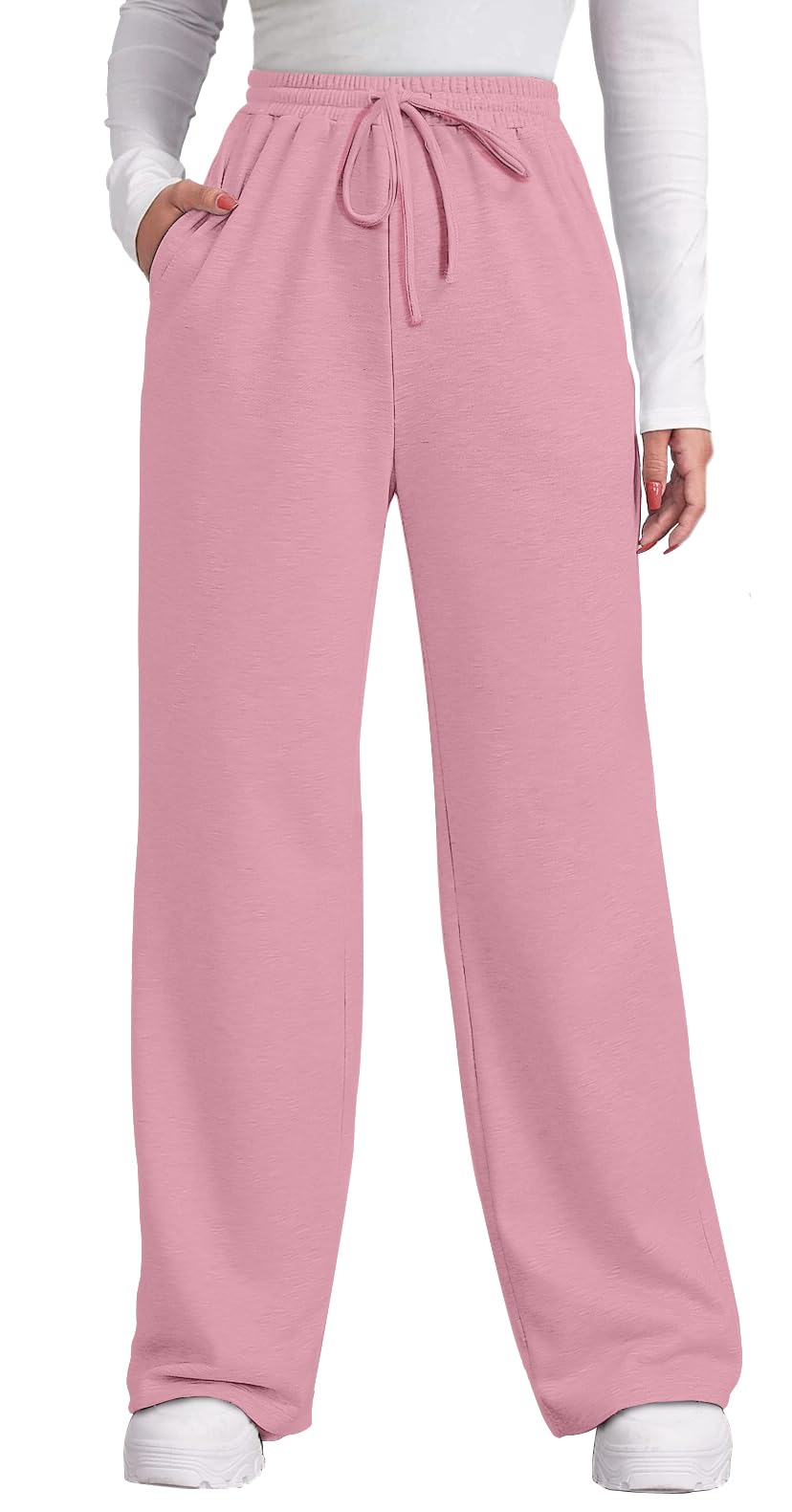 OFEEFAN Womens Fall Pants with Pockets Winter Elastic Waist Sweatpants Wide Leg Drawstring Pants S-XXL