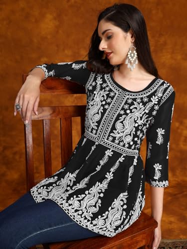 Image of EthnicJunction Georgette Women Chikan Embroidery Short A-Line Kurti | Summer Kurti | Short Kurti for Women | Top for Office | Women's Tunics Tops | Kurta Shirt Top | Regular Fit Top