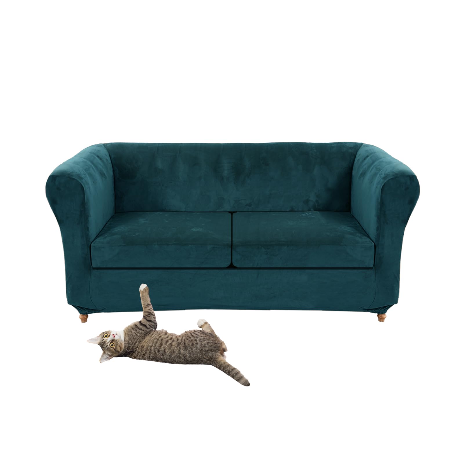 SYLC Stretch Velvet Chesterfield Sofa Cover, Couch Cover with Seat Cushion for Curved Settee Armchair Vintage Style (Dark Teal, Love+2 Large Seats)