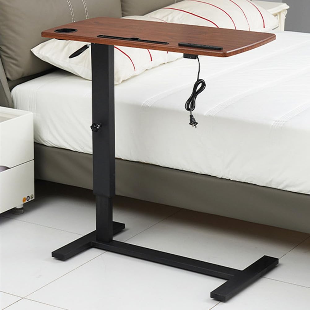 SXZenSpace C Shaped End Tables with 360° Swivel Wheels, Sofa Side Table Adjustable Height And USB,Big Tabletop under Couch for Living Room,walnut