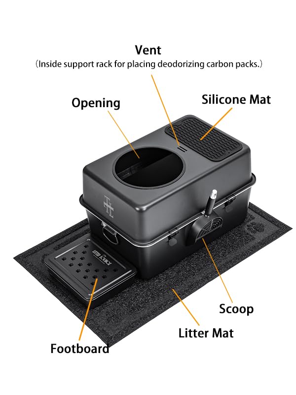 304 Stainless Steel Fully Enclosed Top-Entry Cat Litter Box Leak-Proof Design, Metal Scoop & XL Litter Mat, Side Clamps & Handles for Large Cats (Black, X-Large) - image 4