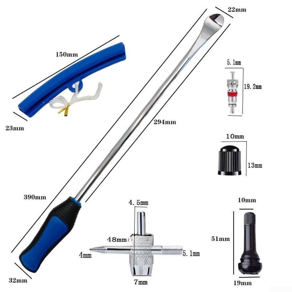 Professionelles Reifenentfernungs-Set mit breiten abgewinkelten Löffelspitzen und Ventilwerkzeugen für die Wartung und Reparatur von Autos mit zwei Rädern, Blau