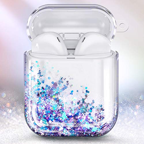 E-Began Glitter Liquid Case Designed For Airpods, Sparkle Flowing Floating Durable Girls Cute Clear Hard Cover Carrying Case Compatiable With Apple Airpods 1St/2Nd -Purple/Blue #TOP1