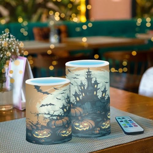 Image of ALAZA Halloween Pumpkins Castle Bat4 Flickering Flameless Candles Battery Operated with Remote Timer,Tea Light Candles LED Pillar Votive Candles Set of 2 for Outdoor Indoor Decorations