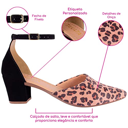 Scarpin Feminino Salomé Salto Bloco Estampa Bico Fino A2.20 Y Cor:Preto;Tamanho:37;Genero:Feminino