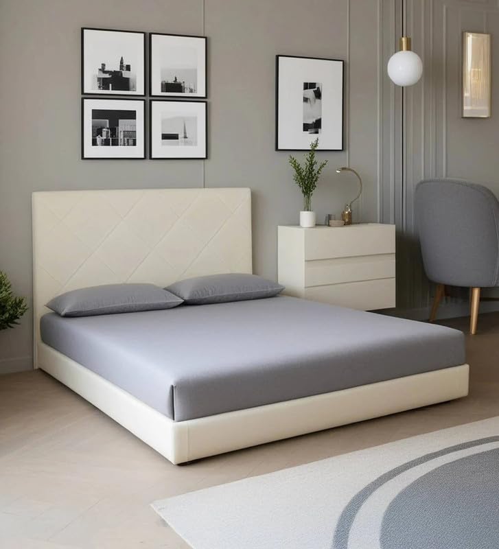 Image of Mintwud Pepperfry Solid Wood Queen Size Bed Without Storage for Bedroom Furniture | Upholstered Leather Bed Wooden Double Bed Cot Palang for Living Room Home and Hotels (Beige Finish)