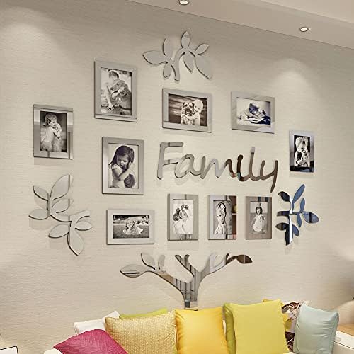 Vaabee Family Tree Wall Decor Acrylic 3D DIY Mirror Stickers Picture Frame Collage Home Decorations for Living Room Bedroom Dinning Office New House Gifts Silver Set Large 47x47 Inch