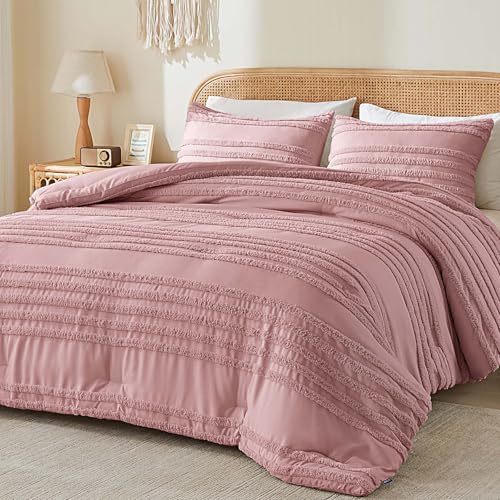 Image of BEDELITE Boho Comforter Set Queen Size, Dusty Pink Tufted Striped Bed Set 3 Pieces, Soft Vintage Farmhouse Comforter for All Seasons, Boho Home Decor,Fluffy Jacquard Bedding with 2 Pillow Shams