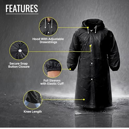 Image of Unisex Hooded Raincoat, Waterproof Long Rain Jacket, Multiple Colours, Reusable