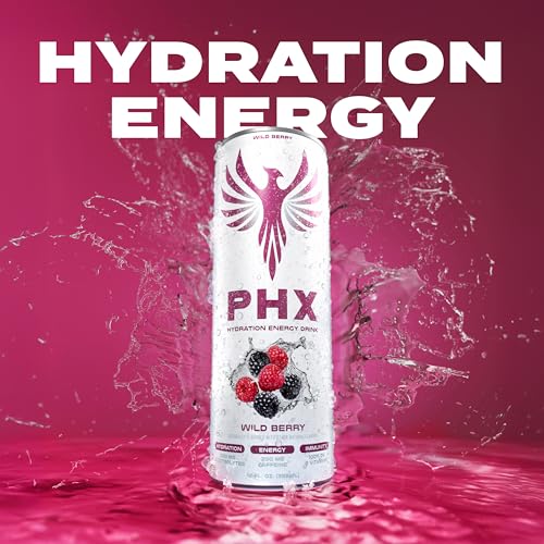 Image of PHX Hydration Energy Drink - 700mg Electrolytes, 200mg Natural Green Tea Caffeine, 100% Daily Value 8 Essential Vitamins - 12 oz Cans (12 Pack, Wild Berry)