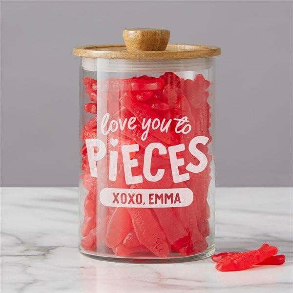 Personalization Universe Love You to Pieces Personalized Glass Container with Acacia Lid – 30oz Candy Jar, Ideal for Couples and Valentine's Day Gift, Adults and Kids