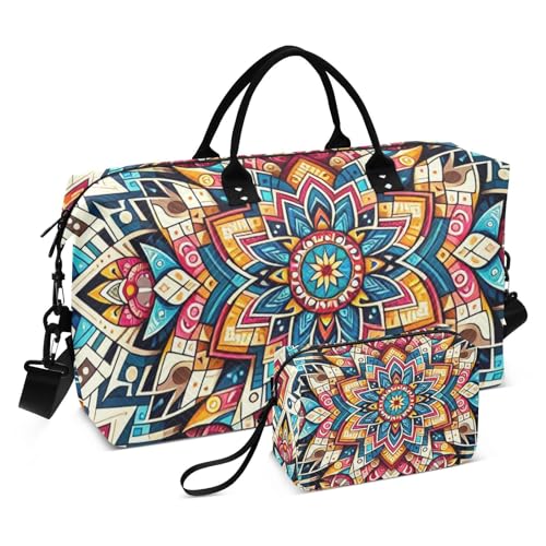 Ethnic Mandala Travel Duffel Bag, Shoulder Weekender Overnight Bags - Large Gym Bag with Wet Pocket
