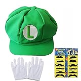 Teens Mario and Luigi Bros Hats with Mustache & Glove Halloween Party Cosplay Costume Set (Green)