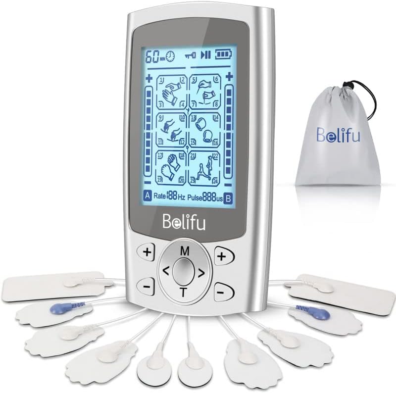 Belifu Dual Channel TENS EMS Unit 24 Modes Muscle Stimulator for Pain Relief Therapy, Electronic Pulse Massager Muscle Massager with 10 Pads, Dust-Proof Drawstring Storage Bag，Fastening Cable Ties