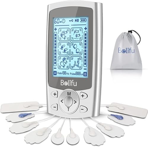 Belifu Dual Independent Channels TENS EMS Unit for Pain Relief, TENS Unit Muscle Stimulator with 24 Modes 20 Levels Intensity, Electric Pulse Massager TENS Massager with 10 Pads, Storage Bag