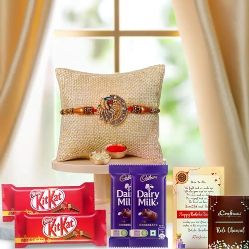 Image of eCraftIndia Designer Peacock Rakhi for Brother with Chocolate, 2 Cadbury Dairy Milk, 2 Kitkat, Rakhi with Chocolate Gift - Roli Chawal Pack, Raksha Bandhan Greeting Card