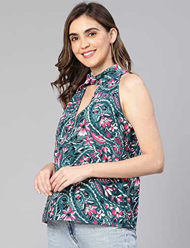Image of oxolloxo Women Floral Print Key Hole Neck Polyester Top