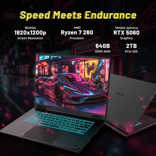 Image of GIGABYTE Gaming A16 3VH 16 inch WUXGA 165Hz Gaming Laptop, AMD Ryzen 7 260, 64GB DDR5, 3TB Storage(2TB SSD+1TB Docking Station Set), GeForce RTX 5060 8GB GDDR7, RGB Backlit Keyboard, Win 11 Pro, Black