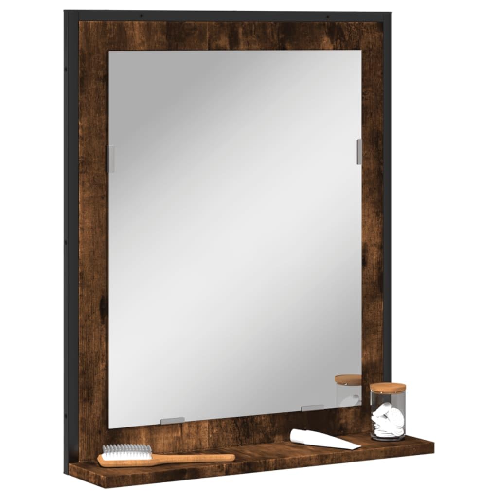Espejo de baño con Estante de Madera de ingeniería Roble Ahumado, Almacenamiento Extra para artículos de higiene Personal, Montaje en Pared para Ahorrar Espacio, Reflejo