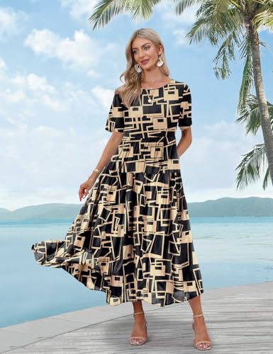 Image of YESNO Women Casual Loose Bohemian Floral Dress with Pockets Short Sleeve Long Maxi Summer Beach Swing Dress EJF