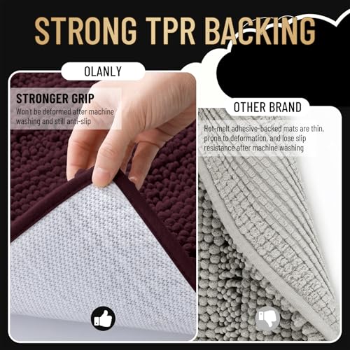 Image of OLANLY Thick Bathroom Rugs 30x20, Extra Soft Absorbent Chenille Striped Bath Rugs, Rubber Backing, Machine Wash Dry, Bath Mats for Bathroom Floor, Tub and Shower, Home Decor Accessories, Black Cherry