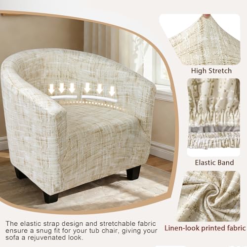 Image of SearchI Club Chair Slipcover Stretch Barrel Chair Covers Printed Tub Chair Slipcovers Soft Spandex Armchair Sofa Cover Removable Couch Furniture Protector for Living Room (Beige Linen-Look Print)