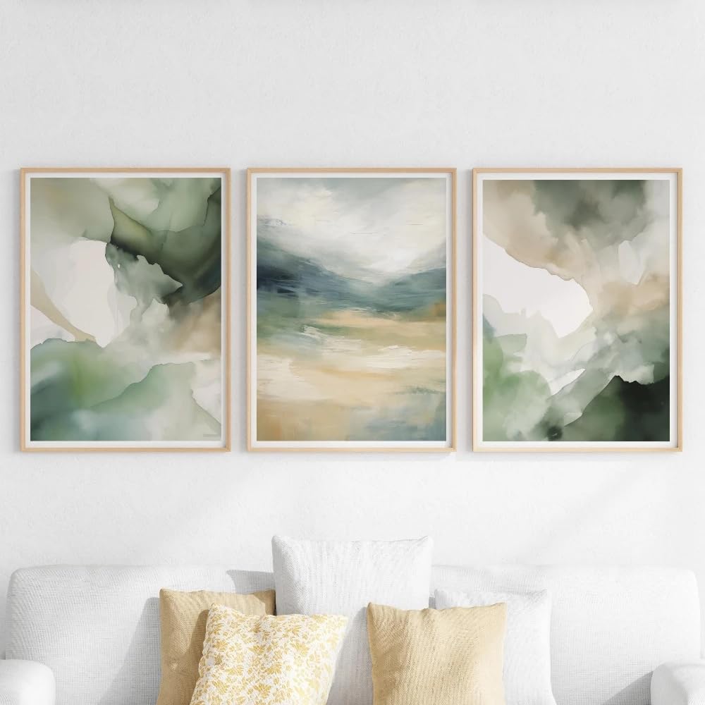 Sage Green Abstract Prints Neutral Soft Paintings Room Artwork Modern Wall Art(40x60cm-3Pcs)