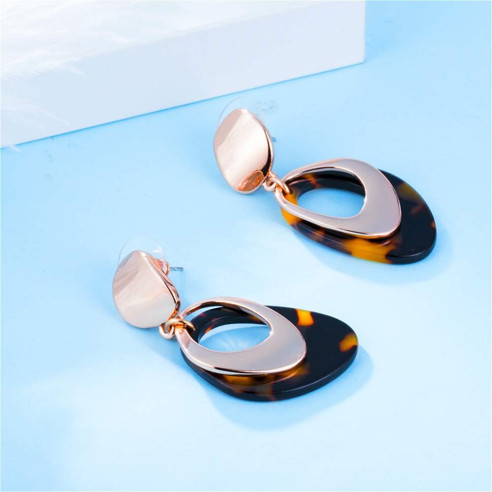Kemstone Rose Gold Leopard Earrings Brown Resin Mottled Acrylic Two Layered Dangle Earrings for Women