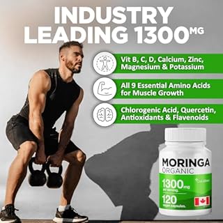 Organic Moringa Leaf Capsules 1300mg dosage (STRONGEST IN CANADA) 2x 650mg per cap. Provides Powerful Antioxidants. Protects Against Cell Damage, Moringa Powder Capsules Supports Liver Detox & Gut Health. Made in Canada, 120 vegan caps