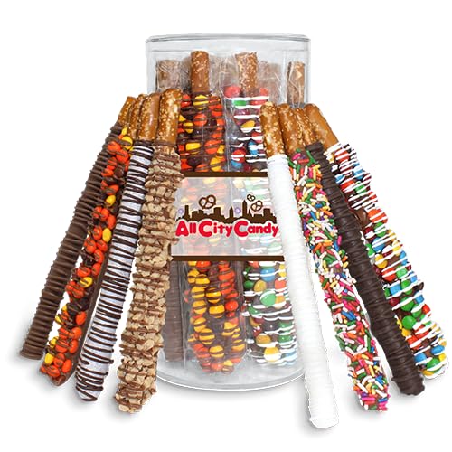 All City Candy Signature Gourmet Chocolate Covered Pretzel Rods Gift Tube – 12 Hand-Dipped Assorted Flavors in Milk, Dark, White Chocolate & Candy coated toppings – Sweet & Salty Treats for Holidays, Birthdays, and Corporate Gifting