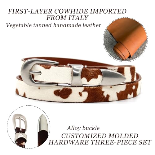 Cow Hair Leather Belt for Women, Pin Buckle Jeans Dress Belt, in Animal Print Trendy Ladies Slim Waistband(25mm)4