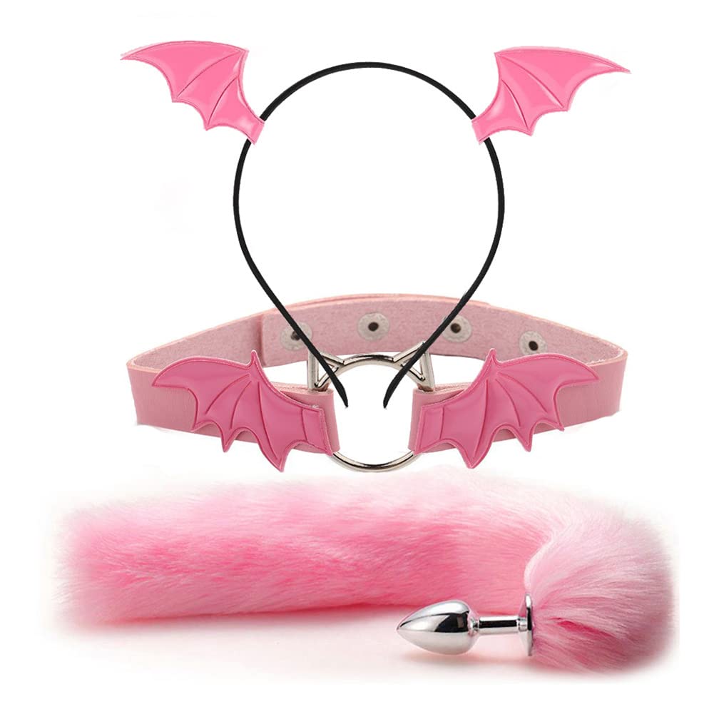 TJCGCKK Animal Cosplay Costume Furry Fox Tail Plug Cute Ears Headband Bat Style Neck Collar Set: Pink a