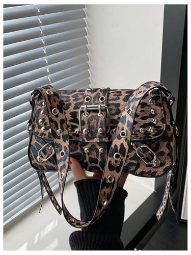 Women's Y2K Punk Cheetah Rivet Underarm Bags Buckle Small Shoulder Handbags Purse2
