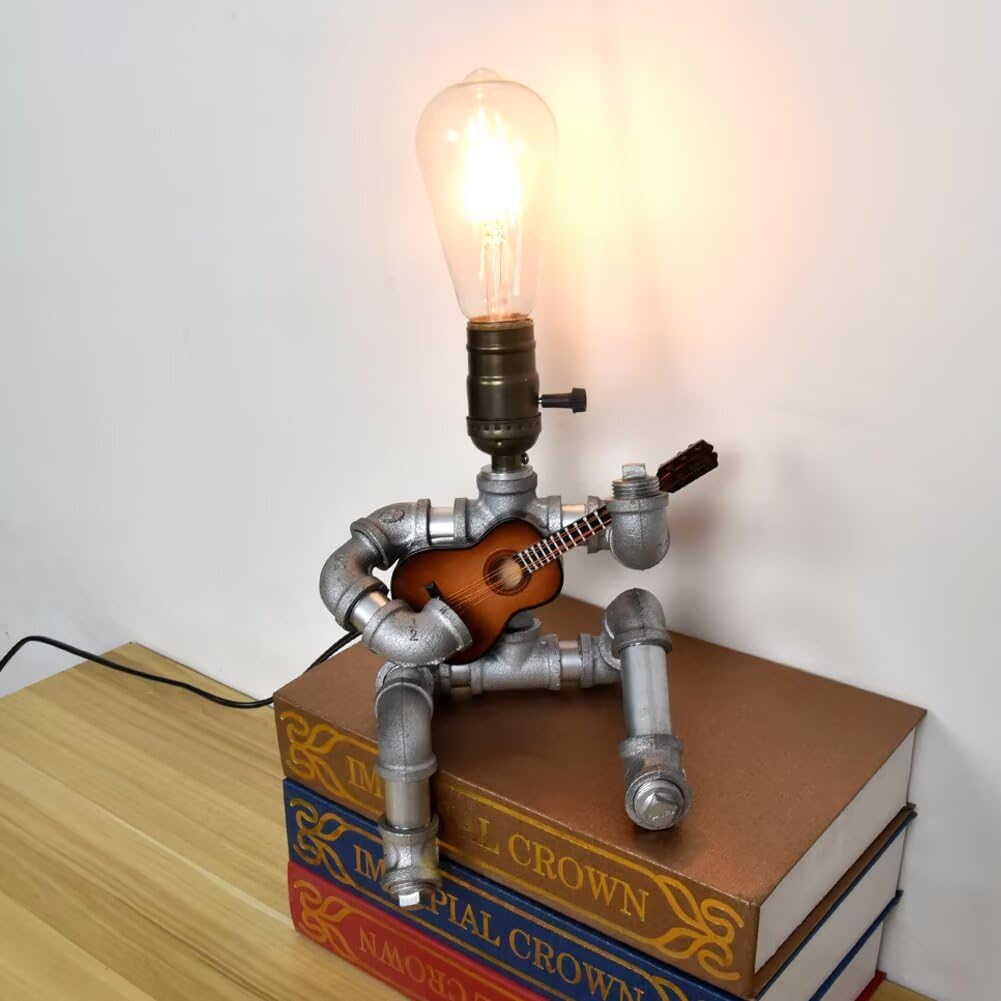 Afhrjnx ‎Bronze-Style C Water Pipe Table Lamp Robot Style, Steampunk Guitar Player Table Lamp, Cool Guitar Gifts, Vintage Industrial Pipe Robot Lamps For Bedroom, Office, Shop (Not Included Bulb)