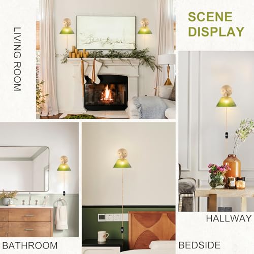 Image of Plug in Wall Sconces Set of 2, Vintage Wall Sconce Light with Gradient Green Glass Lampshade, Bedroom Wall Sconce with Switch and Plug in wall lamp Cord, Gold Wall Light Wall Decor Set of 2