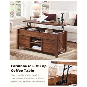 OKD 48 Farmhouse Lift Top Coffee Table with Sliding Barn DoorRustic Center Table with Hidden Storage CompartmentLifting Tabletop and Adjustable Shelf for Living RoomOfficeReclaimed Barnwood