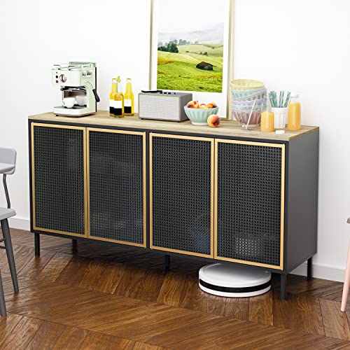 Accent Cabinet, Sideboard Buffet Cabinet Kitchen Storage Cabinet Console Televison Table With 4 Iron Rattan No Handle Pop-Up Doors And Adjustable Shelves For Living Room, Dining Room (Black Gold) #TOP2