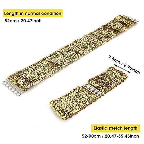 THINP Grevosea 3 Pieces Sequin Belt Dress Belts for Girls, Gold Wide Waist Belt Elastic Stretch Waistband Cinch Belt Metal Buckle for 70s 80s Costume Party Disco Party Women Girls (Gold Silver Black)3
