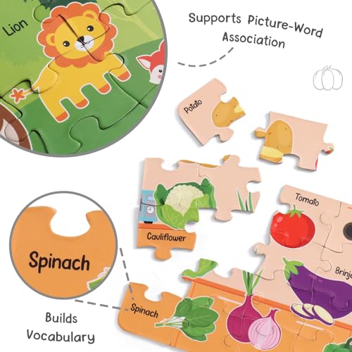 Image of Intelliskills 8-in-1 Jigsaw Learning Puzzle Set for Kids,160 Pieces, 8 Packs, Fruits, Vegetables, Flowers, Birds, Vehicles, Wild, Farm & Aquatic Animals, 3 Years+, BIS Certified, for Gifting