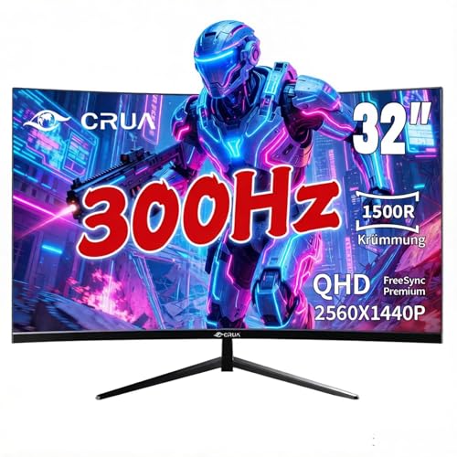 CRUA 32 Zoll Curved Gaming Monitor, QHD 2560x1440P, 300Hz, 1ms, 1500R VA Panel, 120% sRGB, AMD FreeSync, HDMI & DisplayPort, Ultra-Wide PC Monitor für Gaming & Office, Wandmontage - Schwarz
