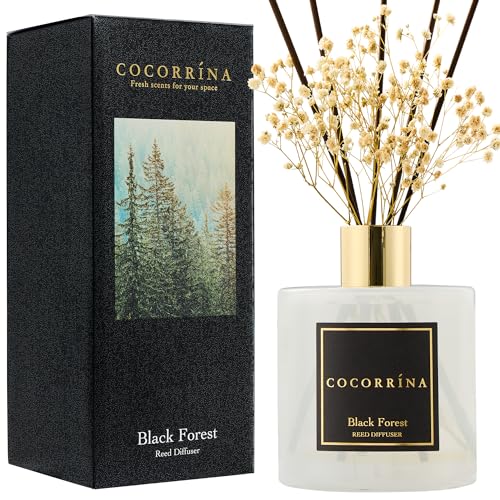 Image of COCORRINA Reed Diffuser - Black Forest 17 Fl.oz Reed Diffuser with 8 Sticks Scented Diffuser with Preserved Flowers for Bathroom Home Decor