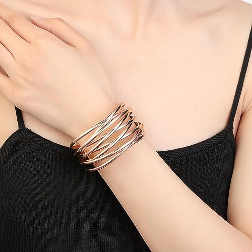 Selfwimg Rose Gold Cuff Bangle Bracelet For Women Trendy Multi-Layer Wire Warp Bangle Bracelet Adjustable Wide Open Chunky Cuff Bracelets Boho Twisted Wrist Accessories Jewelry Gifts thumb #4