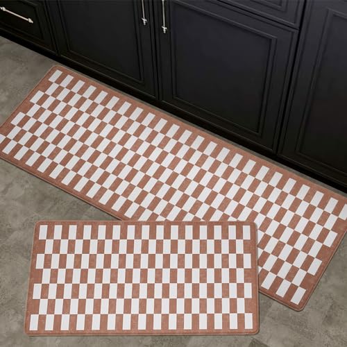FRESHMINT Vintage Checkerboard Anti-Fatigue Mat Set of 2, Cushioned Foam Comfort Mats for Floor, Waterproof Non Slip Kitchen Rug, Modern Decor, Sink, Terracotta