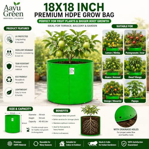 Image of Grow Bag UV Protected 260 GSM | HDPE Grow Bags for Plants | Heavy Duty Green Garden Plant Grow Bag with Drainage Holes | Reusable Vegetable Grow Bag for Terrace Gardening (2, 18X18 INCH)