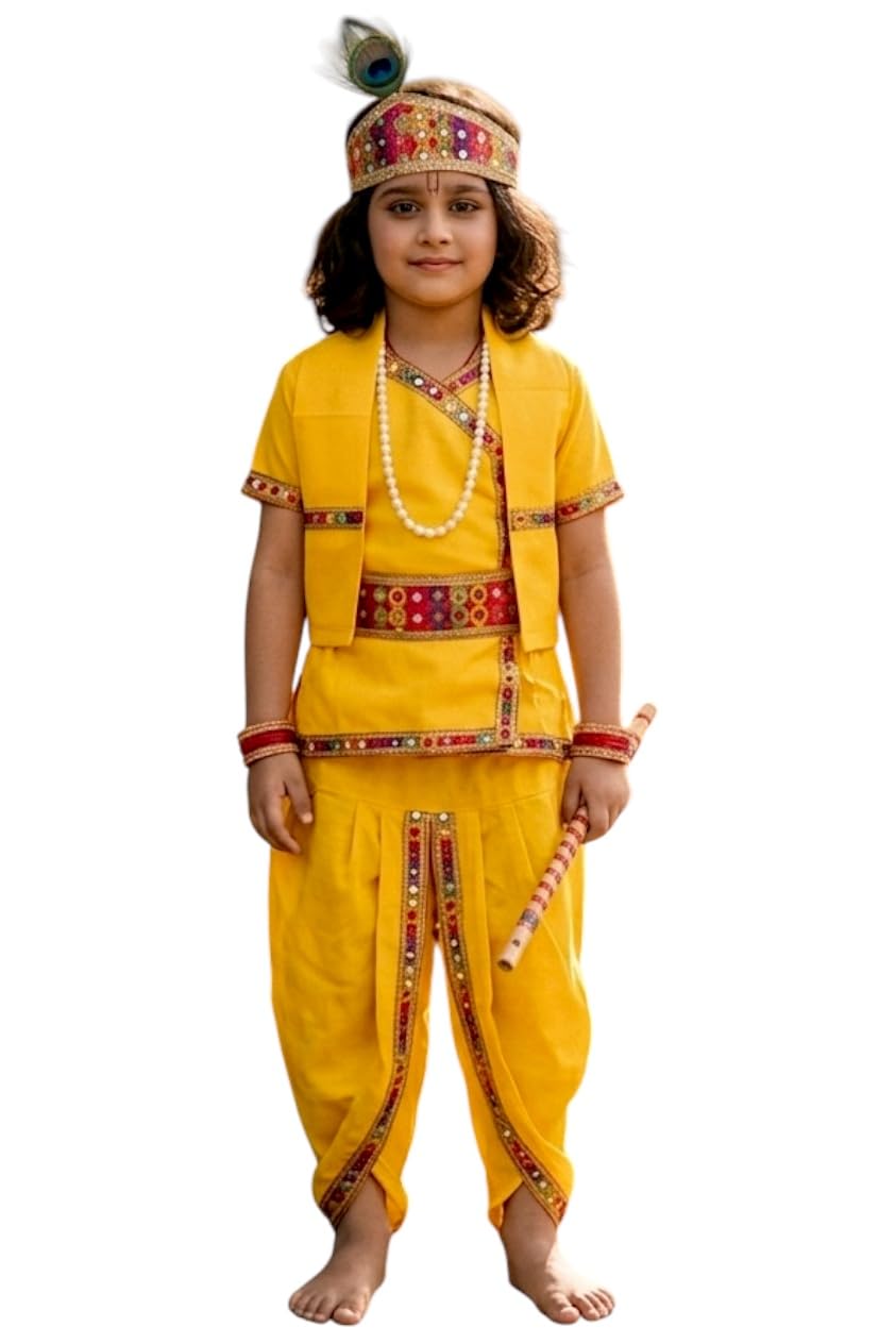 GFD - Krishna Dress for Kids, Baby Krishna Dress for Janmashtami with Krishna Mukut, Peacock Feather & Flute Embroidered Krishna Costume for Girl & Boy